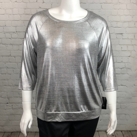 INC International Concepts Tops - INC Stretchy Silver 3/4 Sleeve Top Plus Size XXL